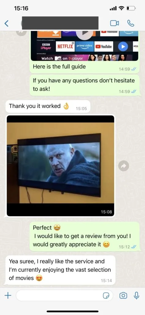 Vipsatv WhatsApp customer feedback screenshot proof