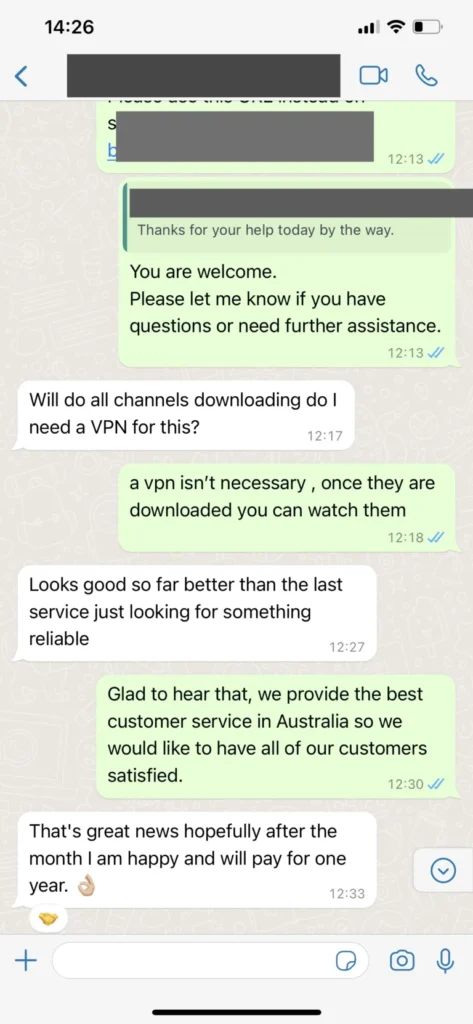 Vipsatv user trial request chat screenshot